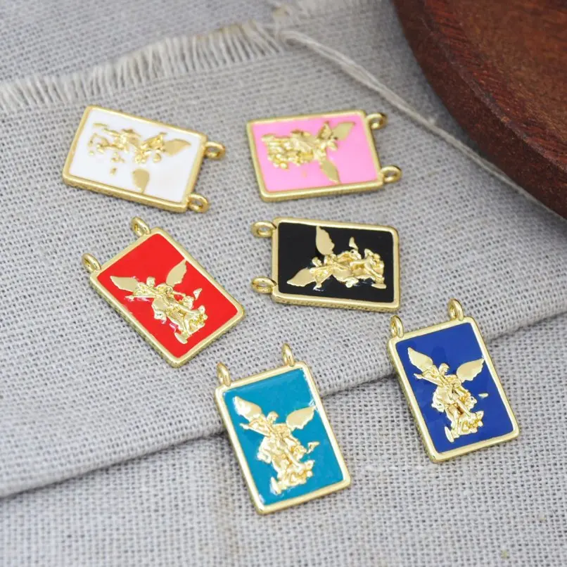 Abalorios espirituales esmaltados, 2 uds., cuadrado, Arcángel, San Miguel, rectángulo, derrota, espada del diablo y dragón, joyería de cobre de Color dorado