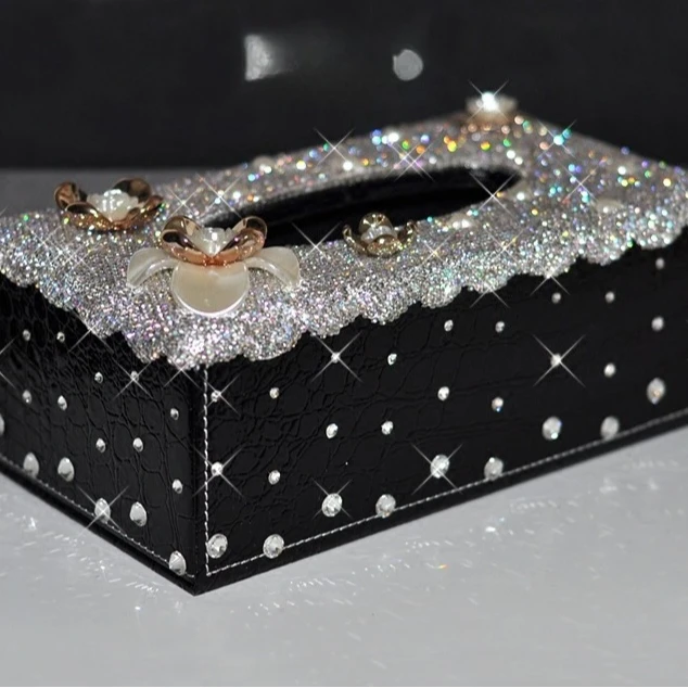 Light Luxury Leather Rhinestone Inlaid Tissue Box, European Style Tissue Holder, Paper Dispenser for Living Room Table Home Deco