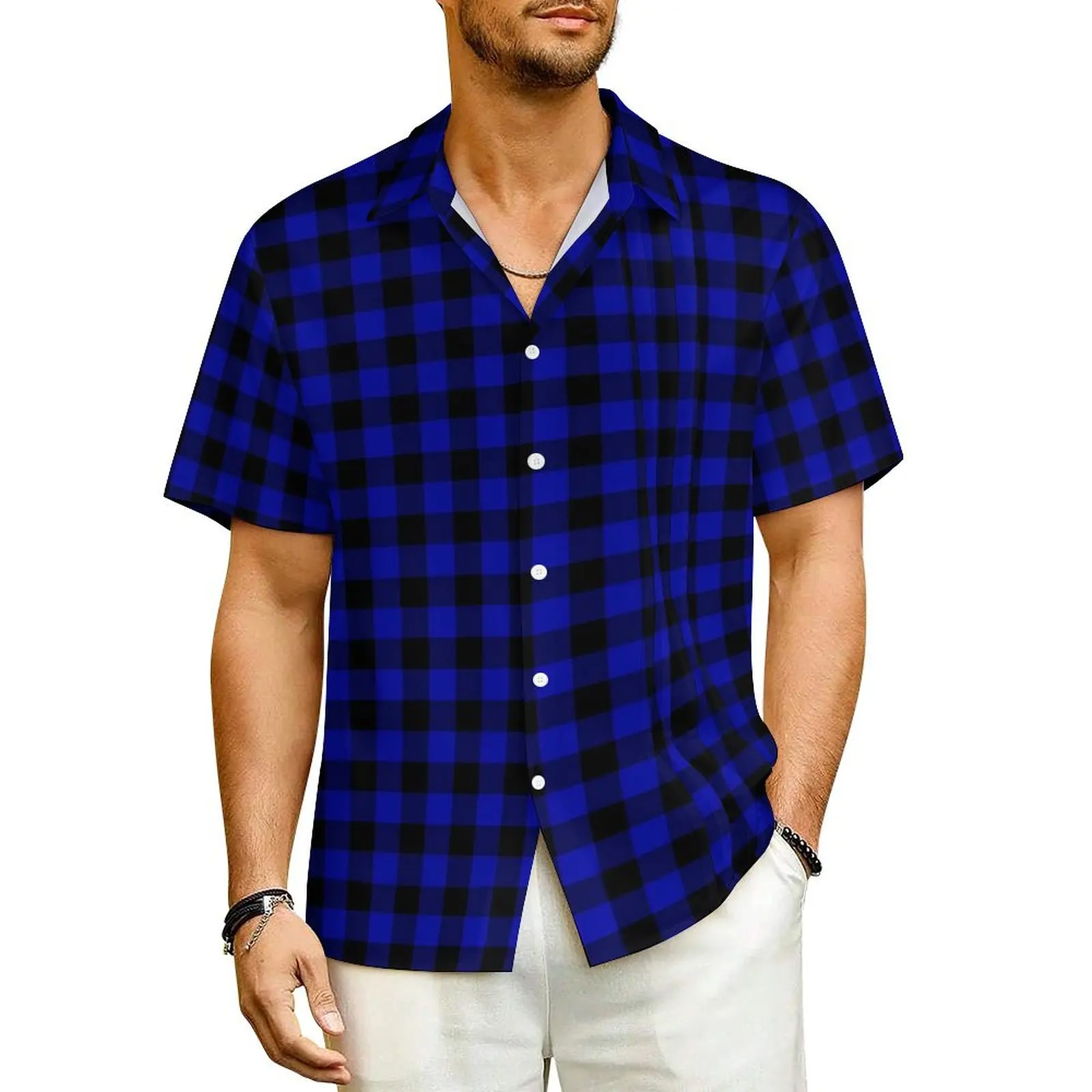 Camisa xadrez xadrez masculina para férias, camisas casuais, manga curta, design Harajuku, grande, preto, azul escuro, verão, novidade