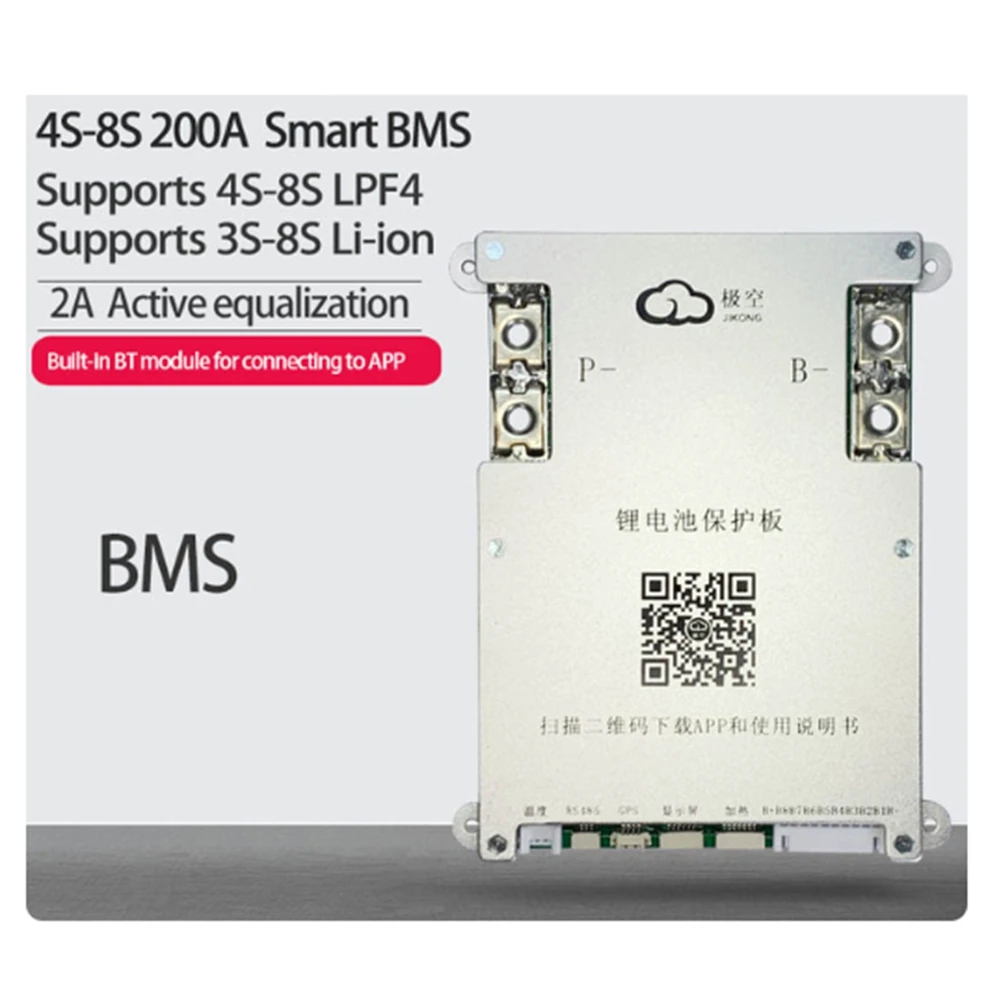 JK BMS 4S 5S 6S 7S 8S 200A Smart BMS 2A Active Balance Energy Transfer Built-in Bluetooth APP Support LCD 12V 24V 3S(B)