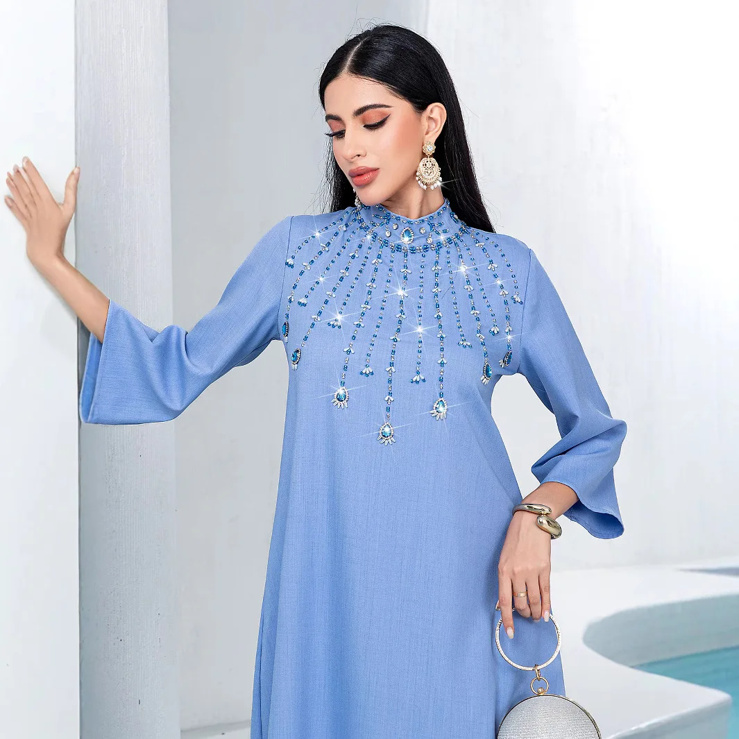 UNI Dubai lujo Abayas diamantes vestido musulmán Eid Mubarak Djellaba mujeres vestido de fiesta de noche Turquía Kaftan mujer bata musulmana