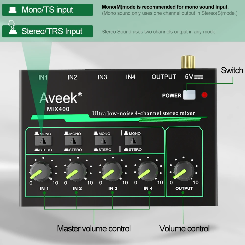 Aveek 4 Channel Mixer - Mini 4 Stereo Audio Mixer, Low-Noise for Precision Sub-Mixing,1/4\