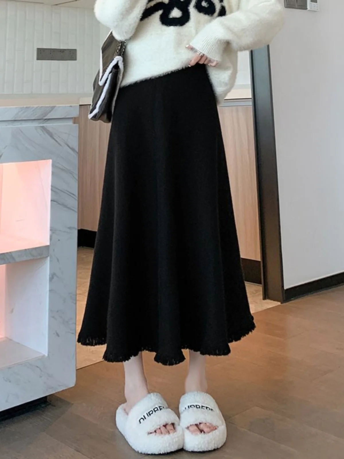 

Bla Thiened вязаная юбка-миди с кисточками, женская осенне-зимняя новая юбка трапециевидной формы с высокой талией, корейская юбка для поездок на работу