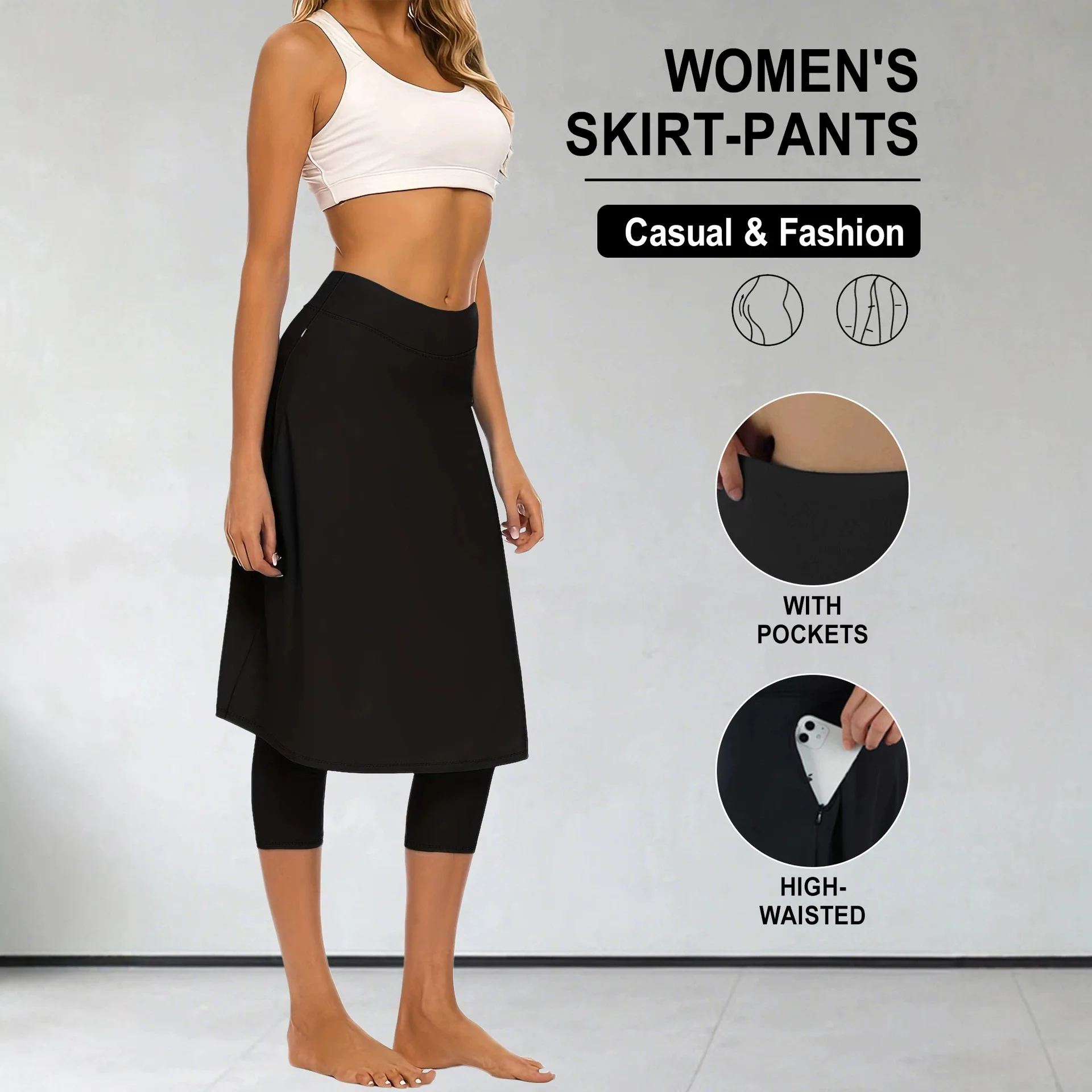 Women Fake Two Piece Yoga Skort High Waist Side Zipper Pockets Midi Skirt 7/8 Capri Leggings Tennis Skirt Pants