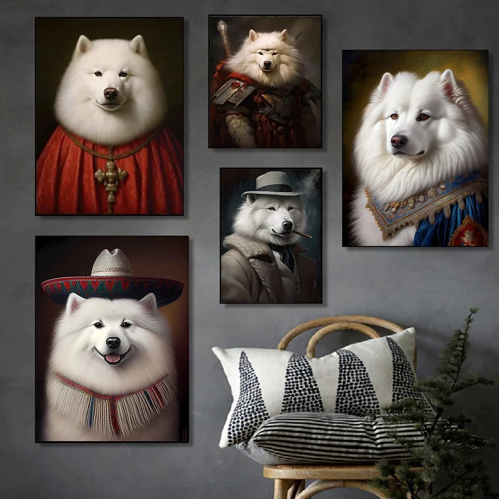 Dogs Renaissance Portrait Canvas Painting Samoyed Dog Poster and Print Picture For Living Room Modern Home Decor No Frame