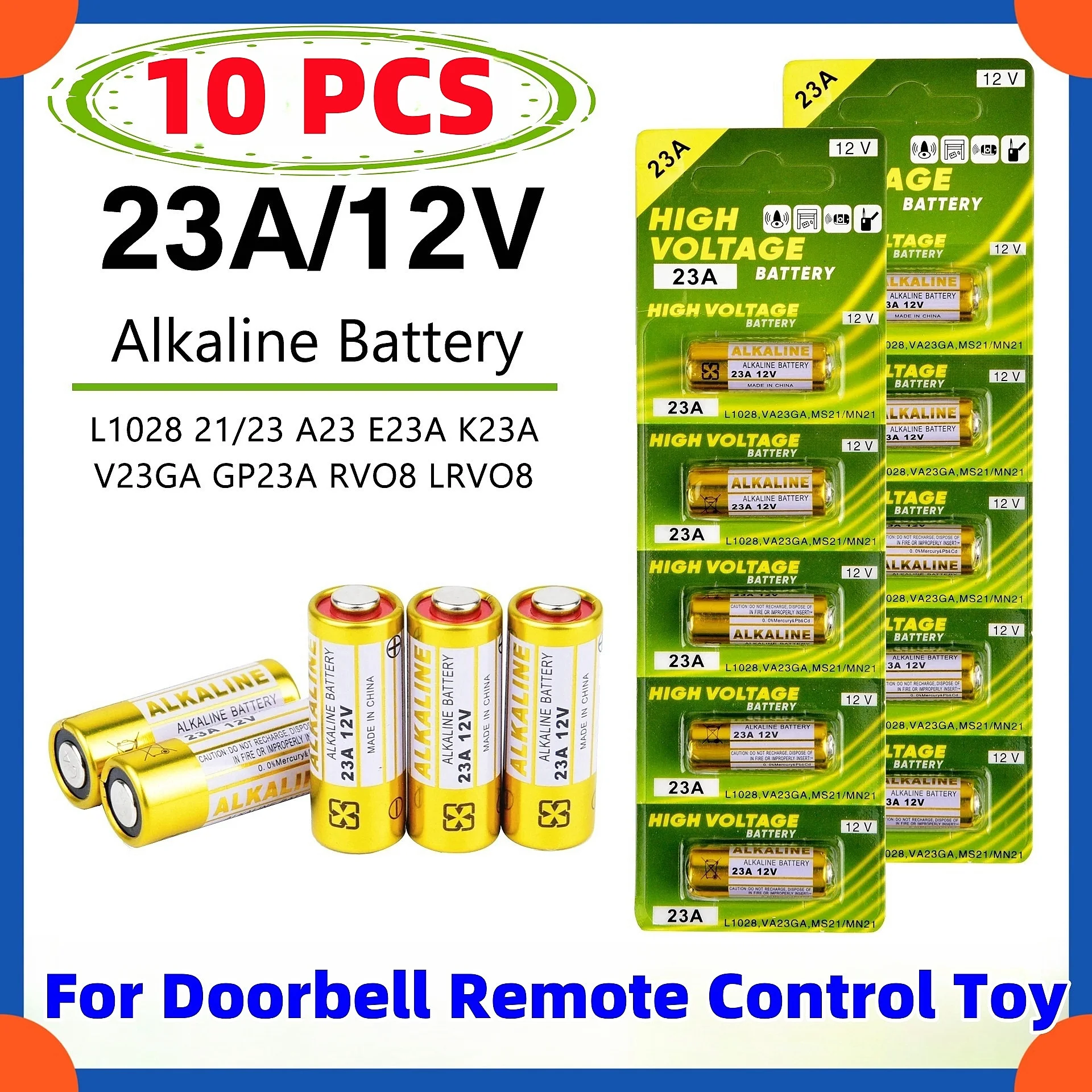 10PCS 58mAh 23A 12V Batteries Remote Control Toys Dry Alkaline Battery L1028 21/23 A23 E23A K23A V23GA GP23A RV08 LRV08 23A