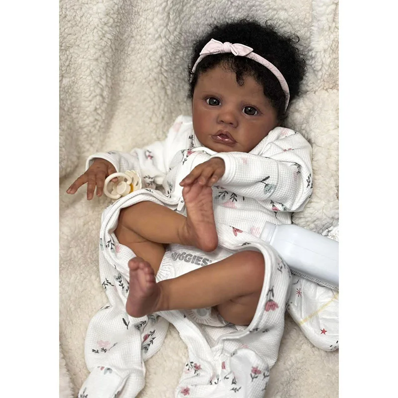

48cm Dark Skin Cloth Body Primrose Awake with Brown Eyes Black Rooted Curly Hair Girl Doll
