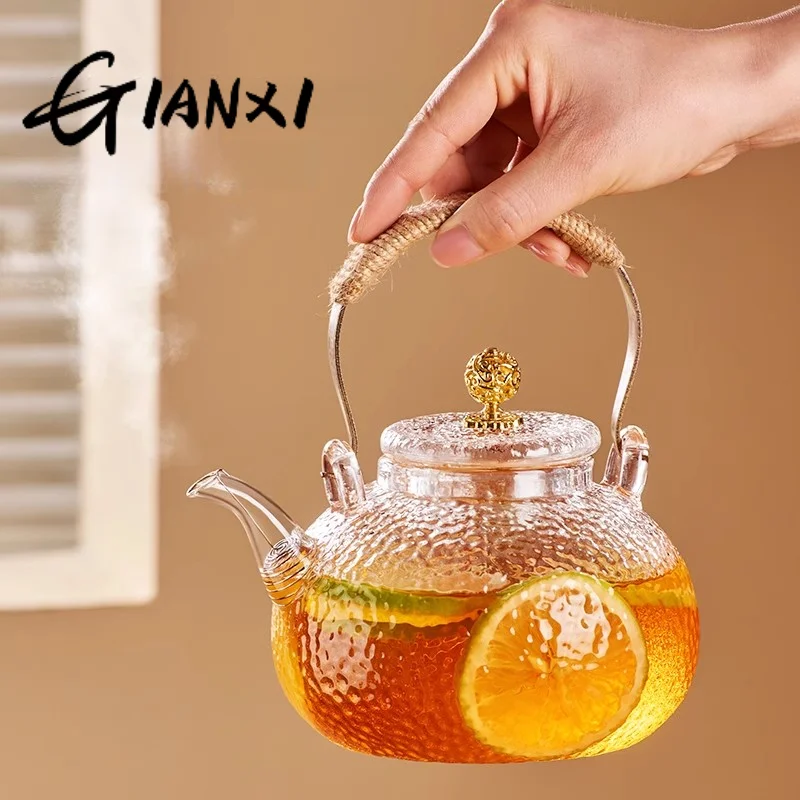 GIANXI Glass Teapot Set Chinese Home Large Capacity Receive Guests Kung Fu Teapot Set Hammer Design Woven Hemp Rope Beam Tea Pot