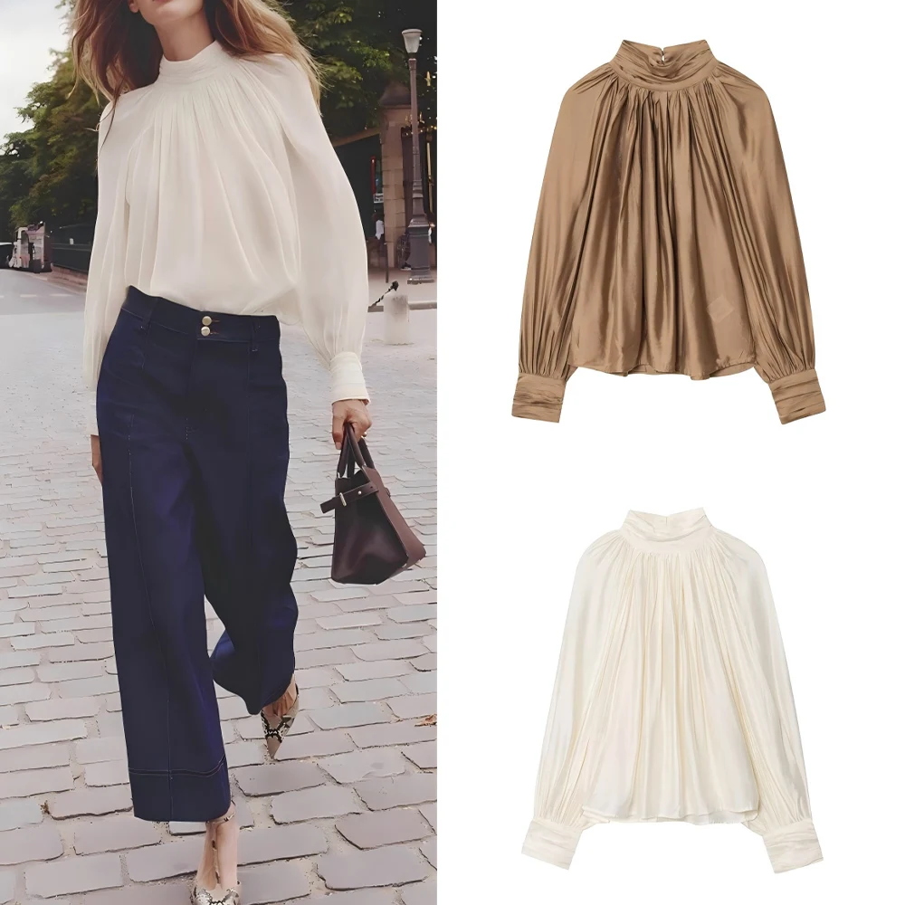 

Women's 2025 new fashion casual versatile stand collar pleated top retro long sleeved button up women's shirt chic top