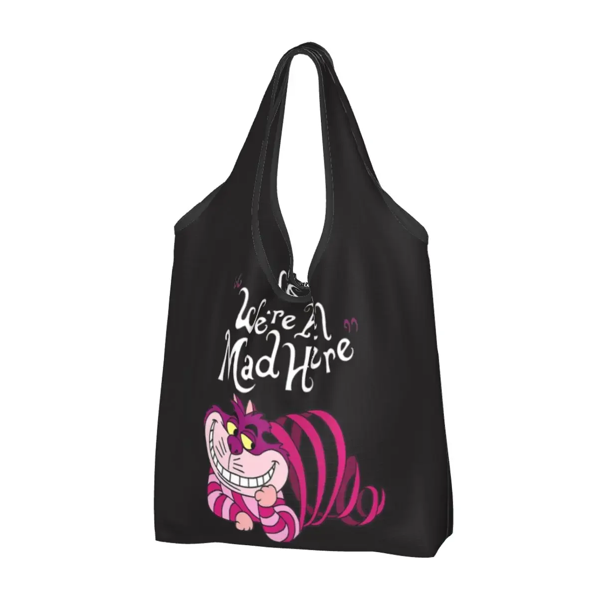 Custom Fashion Printing Shopping Tote Bags Portable Shopper Shoulder We're All Mad Here Cat Handbag