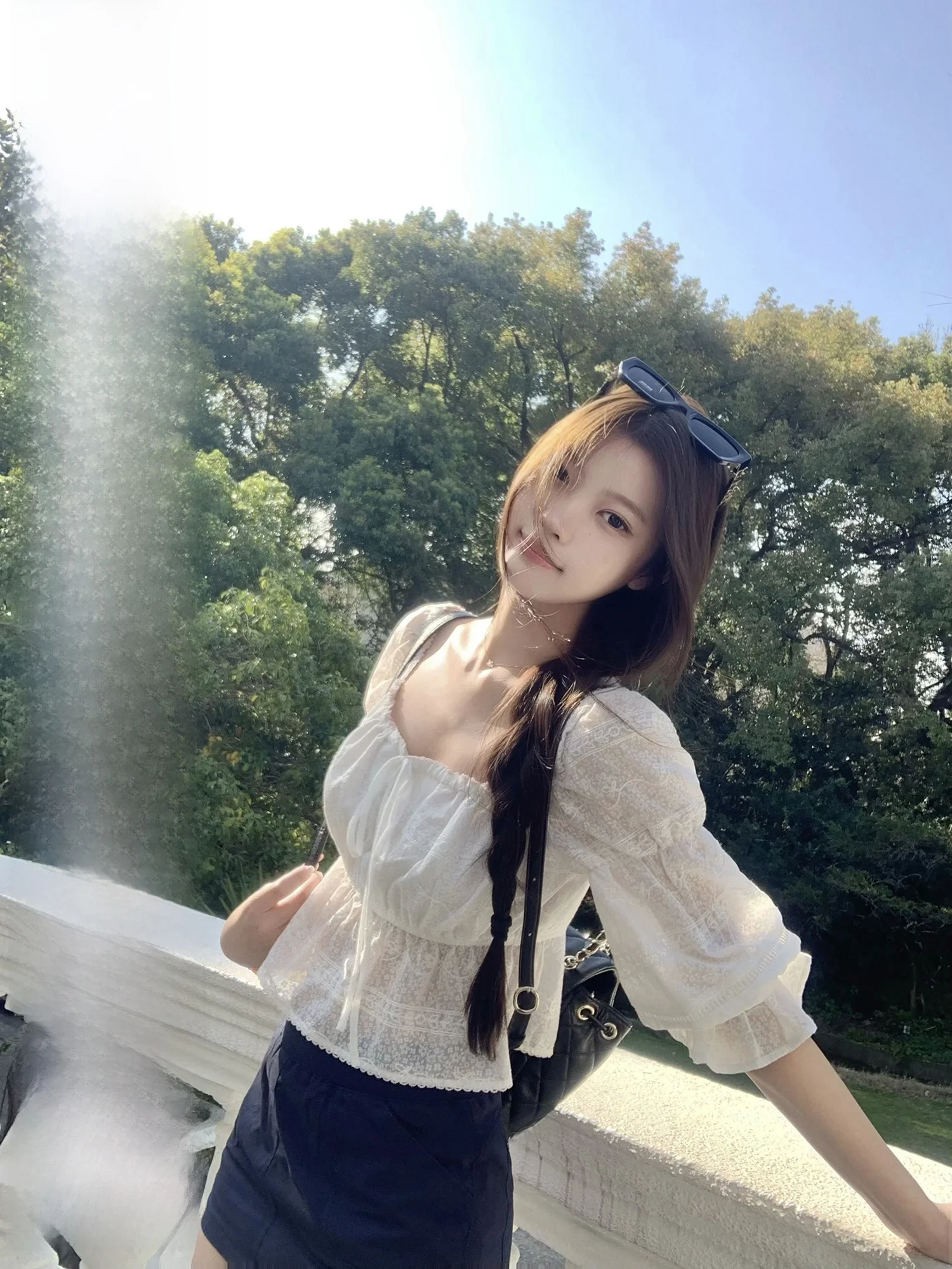 

Wuuus Charming Summer White Floral Half Sleeve Square Collar Bubble Sleeve Top Women's Cotton Short Shirt Elegant Style Breat...