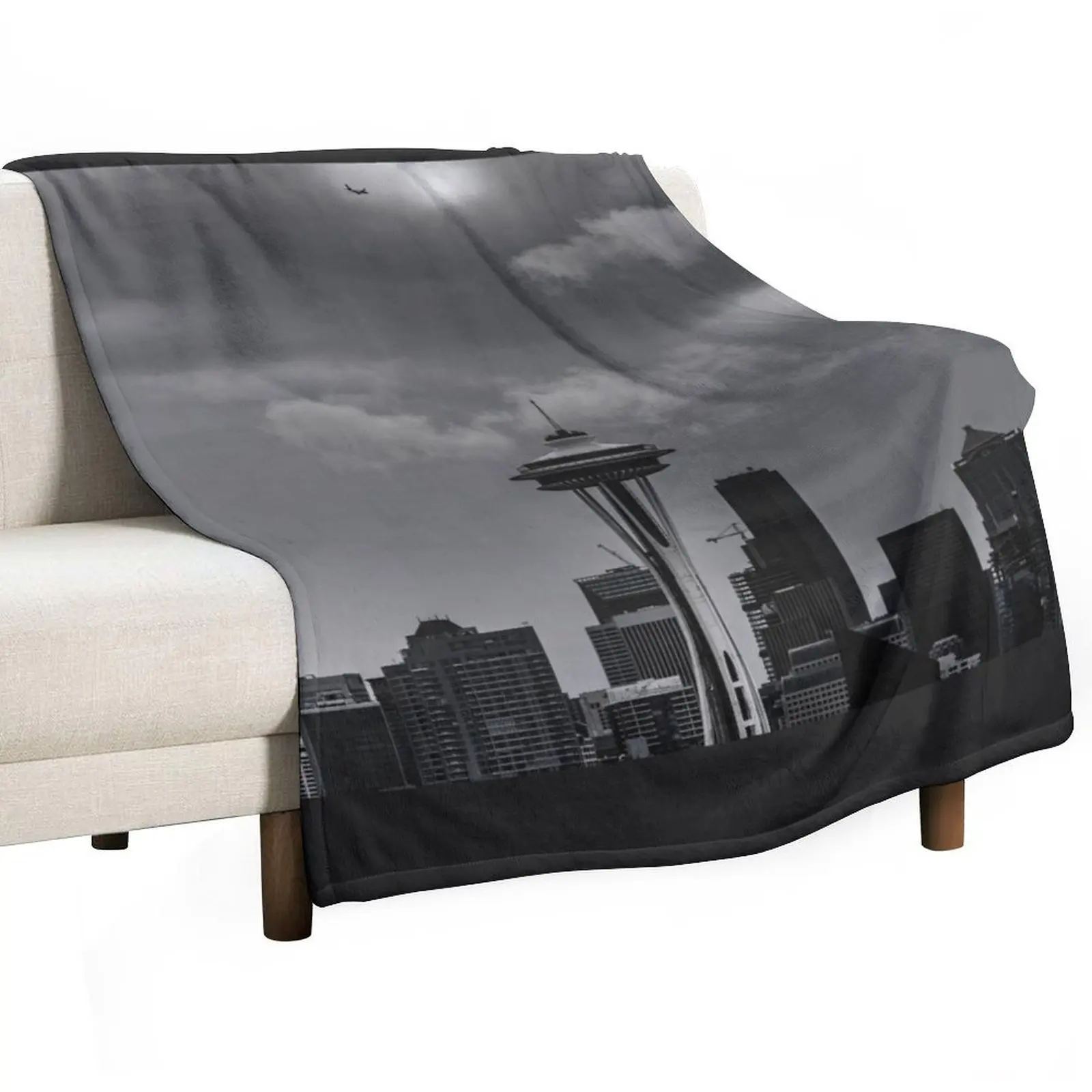 Plane over the Space Needle - Seattle B&W Throw Blanket For Sofa Thin Retros Blankets