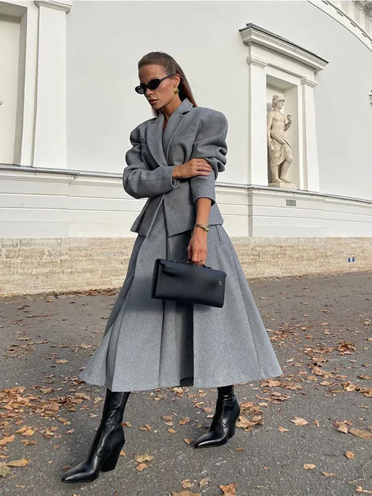 Elegant Stand Collar Full Sleeve Coat Loose Pleated Long Skirts Set Women Fashion Solid Woolen Skirt Suits Fall Chic Lady Outfit