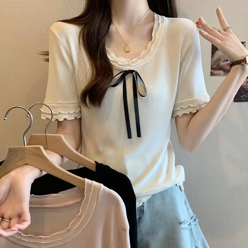 Short-sleeved Ice Silk T-shirt for Women New Bow Small Fragrance Style Sweater Thin Slim