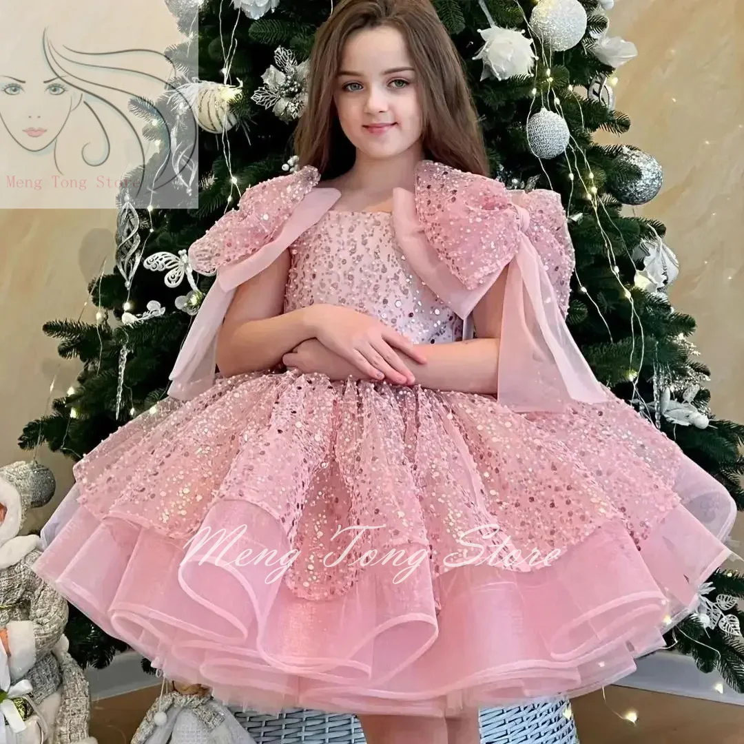 Vestido de niña de flores champán para boda, purpurina brillante con lazo, bonito vestido de desfile de bebé, vestidos de baile de primera comunión de princesa