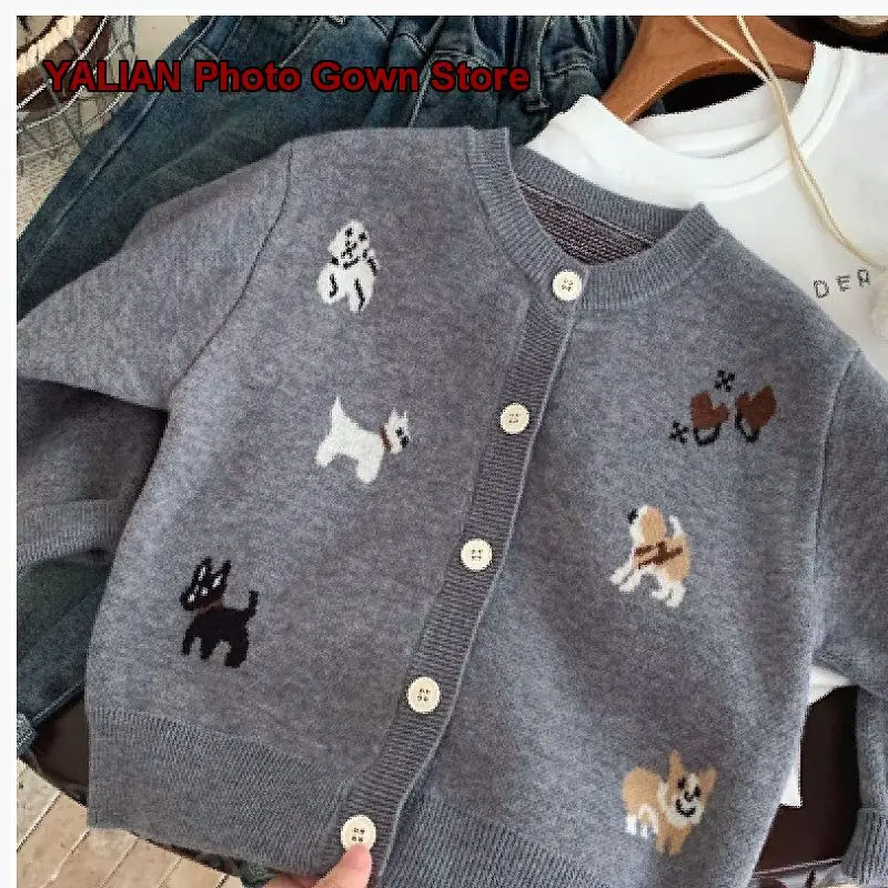 Kids Cartoon Cardigan Puppy Pattern Pure Cotton Knit Cardigan for Boys and Girls Spring Autumn 2025