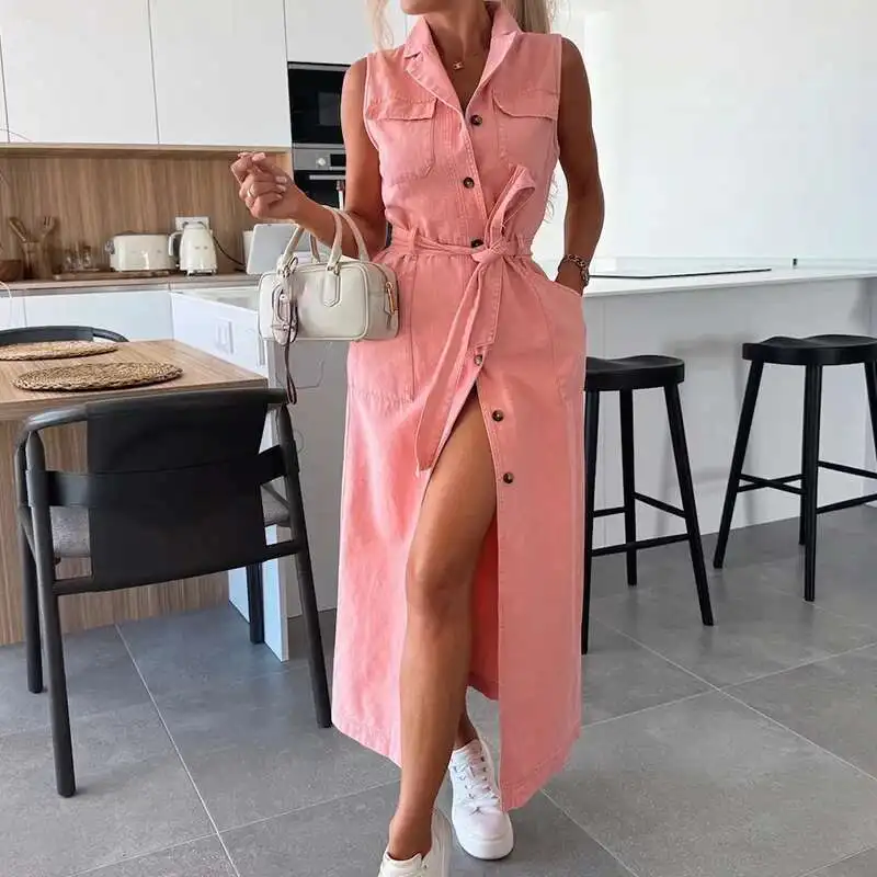 

Elegant Waist Pocket Party Office Lady Lapel Sleeveless Slim Denim Summer Casual Single Breasted Lace Up Long Dress