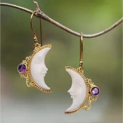Exquisite Fashion Earrings White Moon Round Purple Stone Jewelry Gold Color Dangle Earrings Party Gift