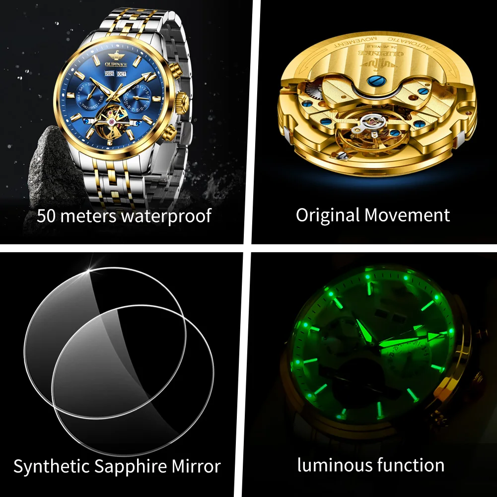 OUPINKE 3269 TOP Skeleton Men's Watches Original 50m Waterproof Sapphire Mirror Automatic Mechanical Watch for Man Date Luminous