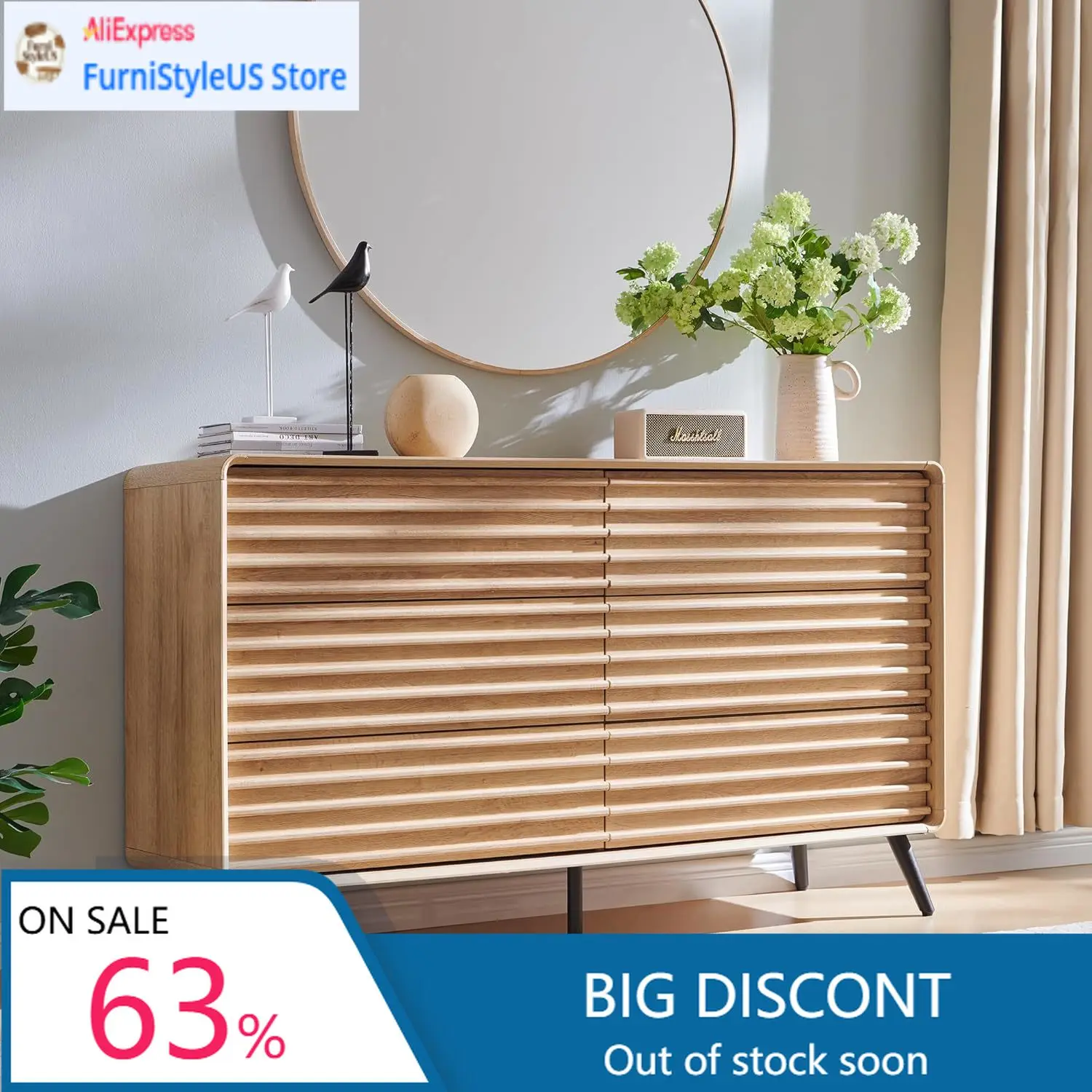 

Комод с 6 ящиками для спальни, широкий (54 дюйма) деревянный комод в стиле середины века с рифленой отделкой, двойной комод с коническими ножками для спальни