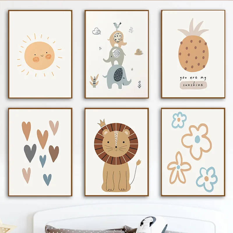 Lion Elephant Sun Pineapple Heart Flower Wall Art Canvas Painting Nordic Boho Beige Posters Prints Pictures Baby Kids Room Decor