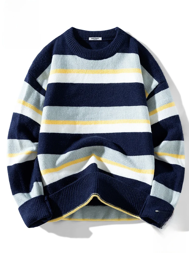 

PaulFrank round Ne Striped Color Blo Knitted Sweater Men's Casual Warm Autumn Top Vintage Sle Long Sve Polyester Blend