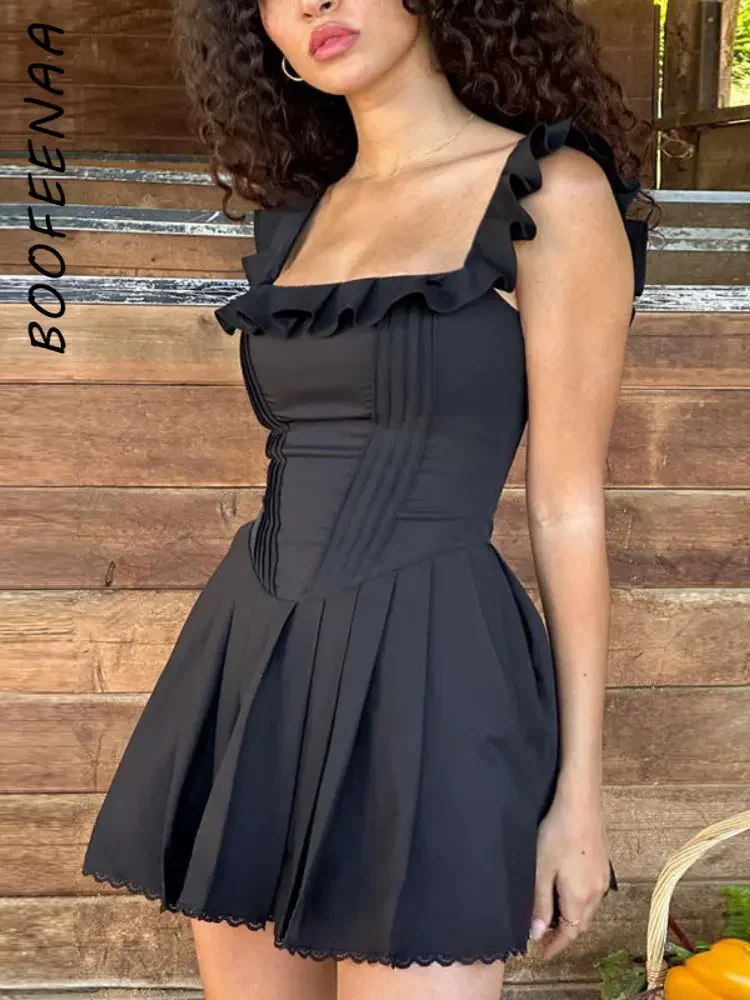 Vestido de corsé negro de Boefeenaa, Vestido corto de encaje Vintage francés, cuello cuadrado, sin mangas, una línea, 2024 de verano para mujer