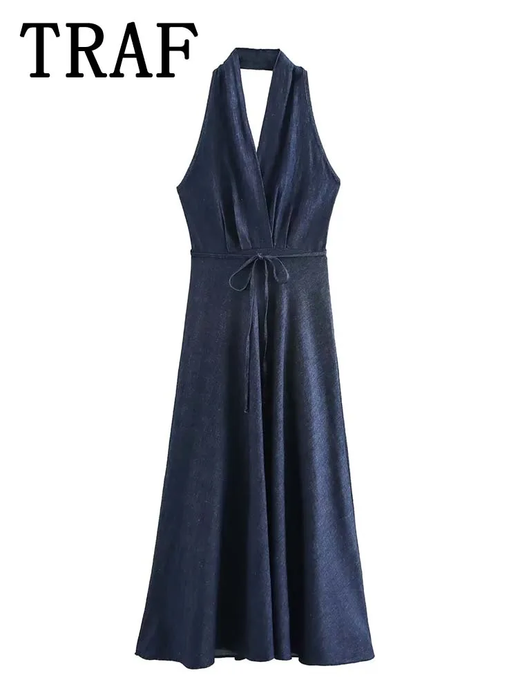 TRAF Denim Long Dresses For Women Halter Tied Midi Dress Woman 2024 Summer Streetwear Casual Midi Dress Backless Sexy Dresses