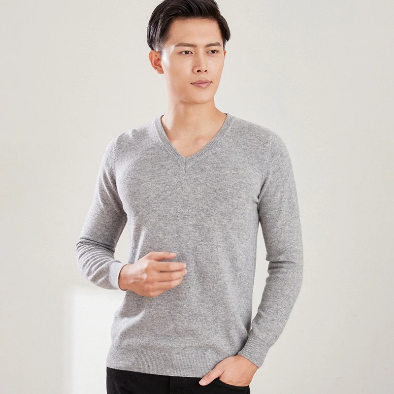 Autumn and Winter Men's 100% Merino Wool Knitted V-neck Sweater Basic Cashmere Quality Top Loose Versatile Long Sleeve Pullover