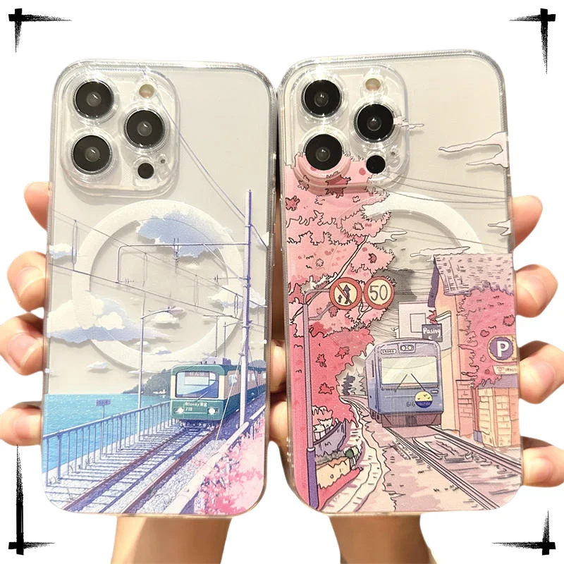 Japan Landscape Sakura Cherry Blossom Mountain With MagSafe Phone Case For iPhone 17 16 15 14 13 12 Pro Max Silicone Soft Cover