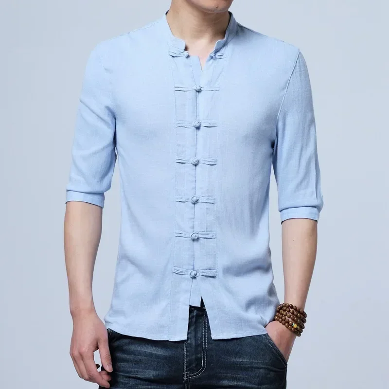 Tradictional Chinese Clothing For Men Kung Fu Tai Chi Tang Suit Style Tops Half Sleeve Cotton Linen Chinese Style Shirts