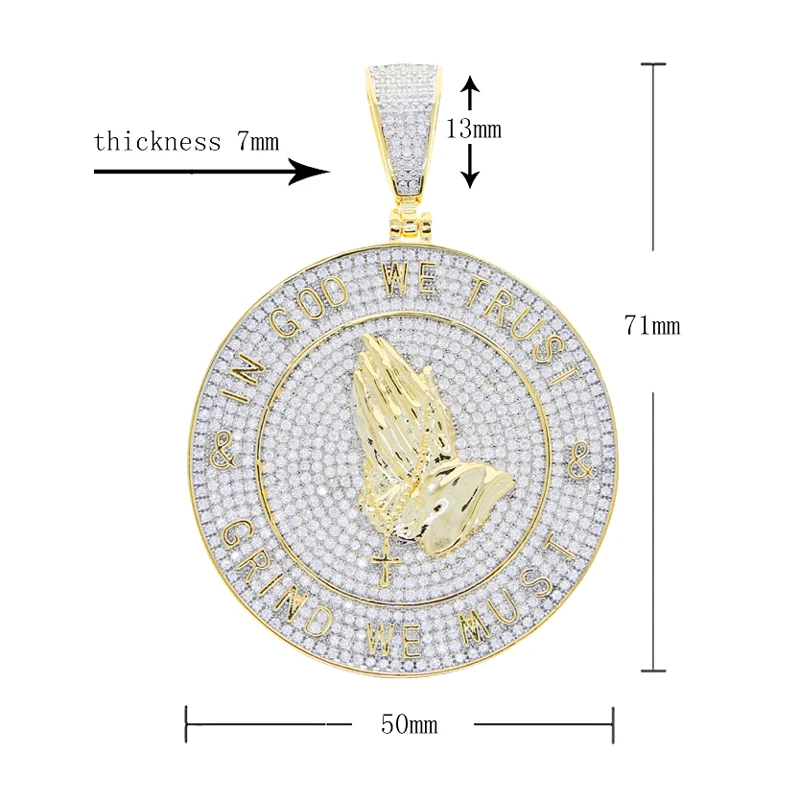 New Iced Out In God We Trust Pendants Necklace Bling CZ Cubic Zirconia Praying Hands Round Charm For Men Women Hip Hop Jewelry