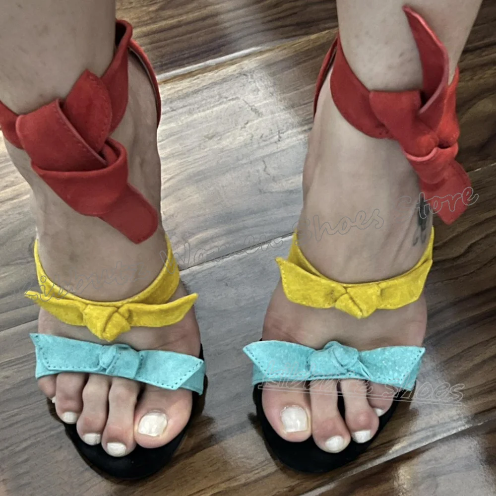 

Bows Sandals Leather Mixed Color Fashion Elegant Concise Sexy Novelty Round Toe Thin Heels Women Party Wedding Shoes New Lace-Up