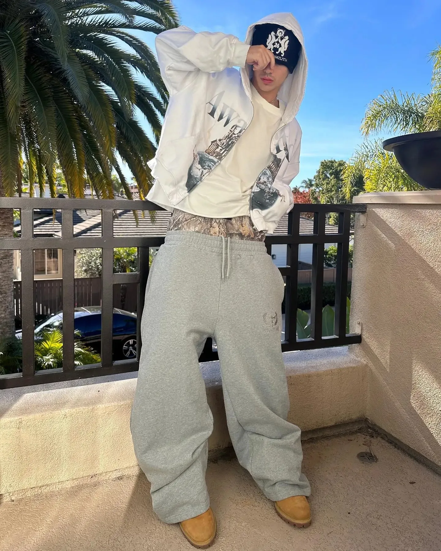 الرجال الرجعية مزدوجة الخصر Sweatpants المطرزة التمويه نمط الاتجاه عادية للجنسين السراويل الفضفاضة الشارع الشهير Y2K بنطال ذو قصة أرجل واسعة