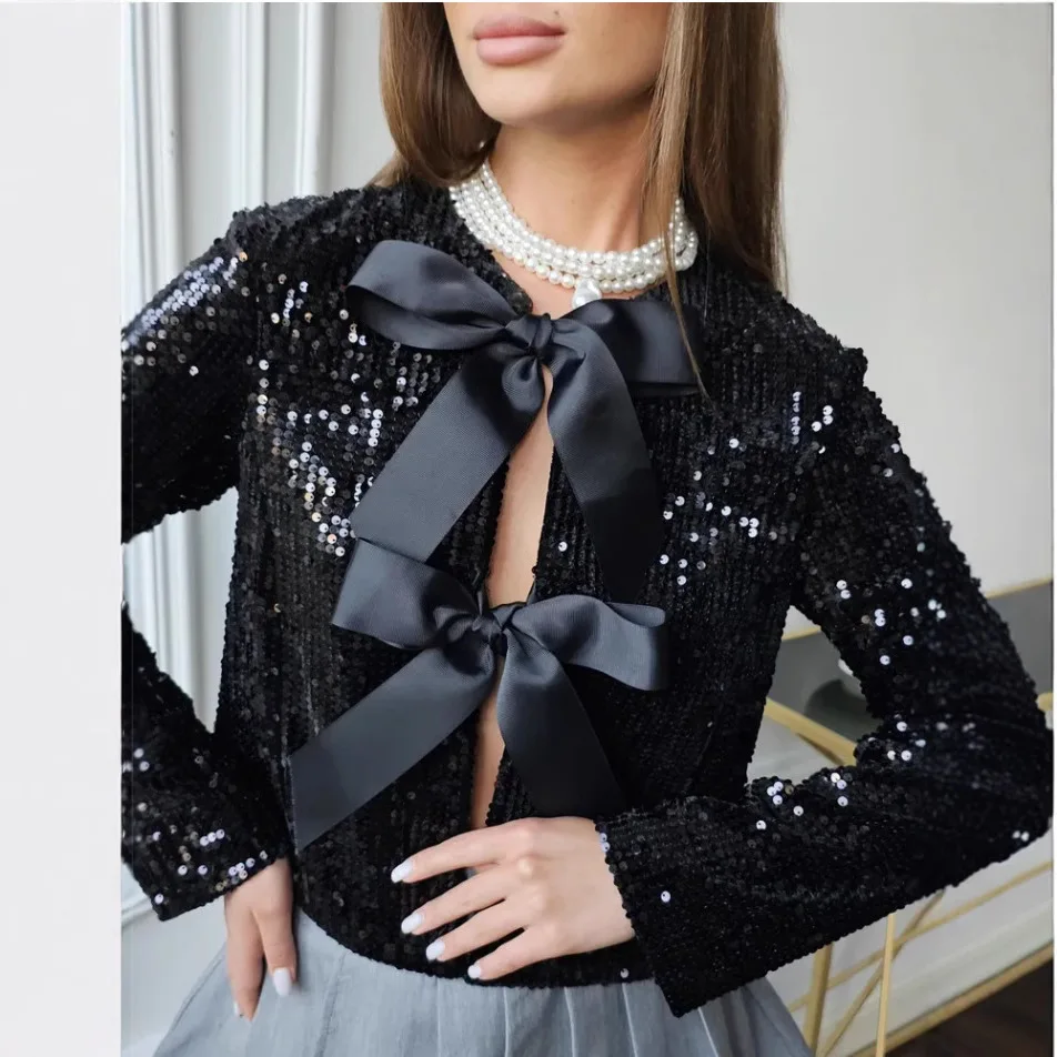 Y2k Luxury Design Fashion O-Neck Sequin Top Women's Autumn New Sweet Bow-Tie Button-Up Long-Sleeve Jacket Tops Coats Streetwear