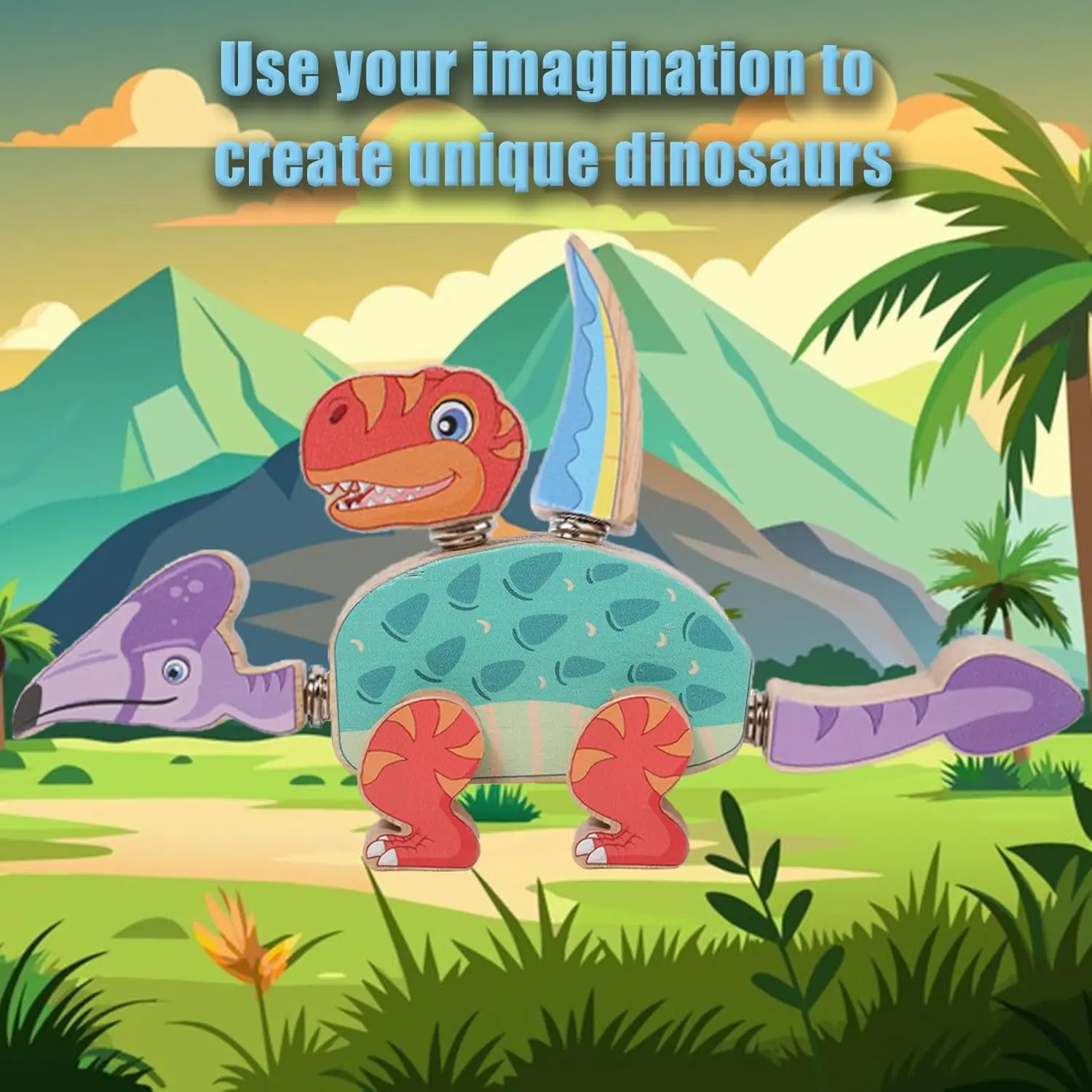 Dinozaury Drewniane Klocki Konstrukcyjne, Montessori Zabawki Dinozaury do Łączenia, Edukacyjne Prezenty STEM Rozwijające Motorykę Małą dla Dzieci 3