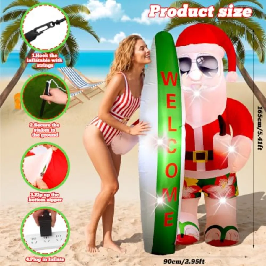 Hawaiian Tropical Santa Claus Inflatable Decoration For Outdoor Garden Lawn Holiday Party, PVC Material, Red And White, Built-i