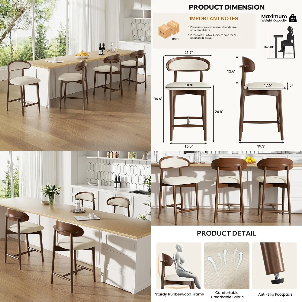 

Modern Linen Bar Stools Set of 2, 29 Seat Height Tall Bar Chairs with Wooden Legs Natural Rattan Cane Back Bar Height Counter S