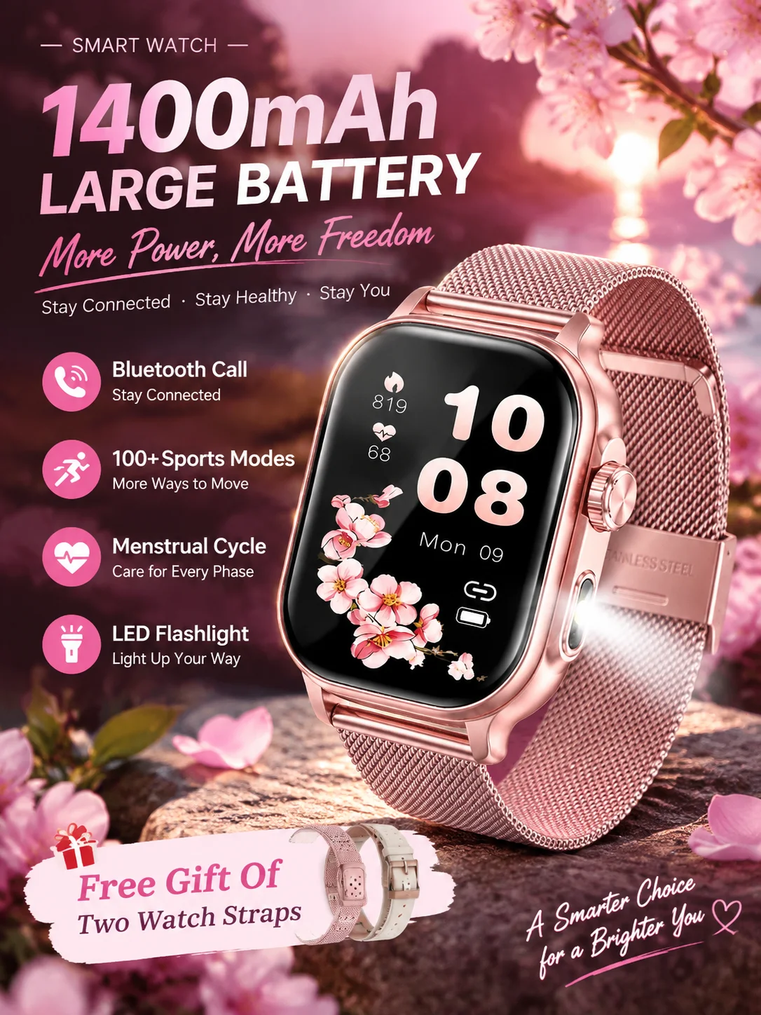 Nowy smartwatch damski z baterią 1400 mAh, wyświetlaczem AMOLED, latarką LED, funkcją połączeń Bluetooth, monitorowaniem zdrowia i sportu, wodoodporny, bransoletka, 2026 — 2