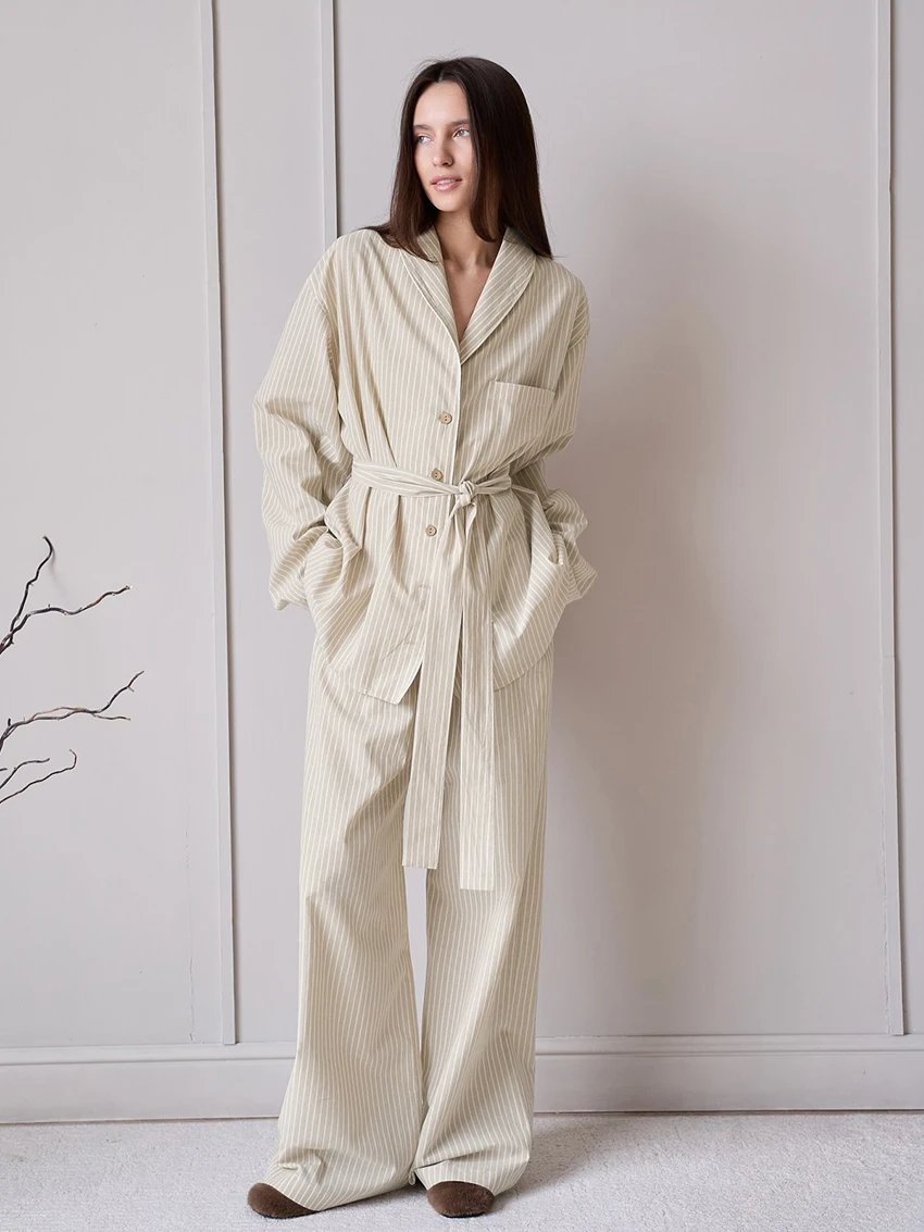 

Marthaqiqi зимний женский комплект одежды для сна, пижама на шнуровке, ночная рубашка с длинными рукавами, пижамные штаны с отложным воротником, полосатый костюм для сна