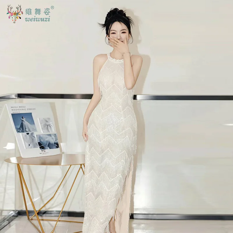 Vestido de noche de lujo con lentejuelas y cuentas bordadas, borla fina y brillante, cuello colgante, sin mangas, ajustado, vestido de compromiso de novia