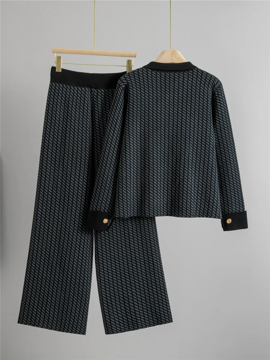 الكورية تصميم محبوك 2 قطعة مجموعات أنيقة بولو الرقبة تريكو سترة سترة القمم Conjuntos عالية الخصر بنطال ذو قصة أرجل واسعة الزي