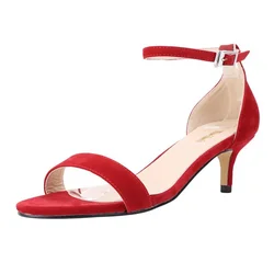 Fashion 2026 Summer Women's Sandals Ankle Strap 5cm Low High Heels Open Toe Female Buckle Velvet Sexy Pumps Red Wedding Shoes