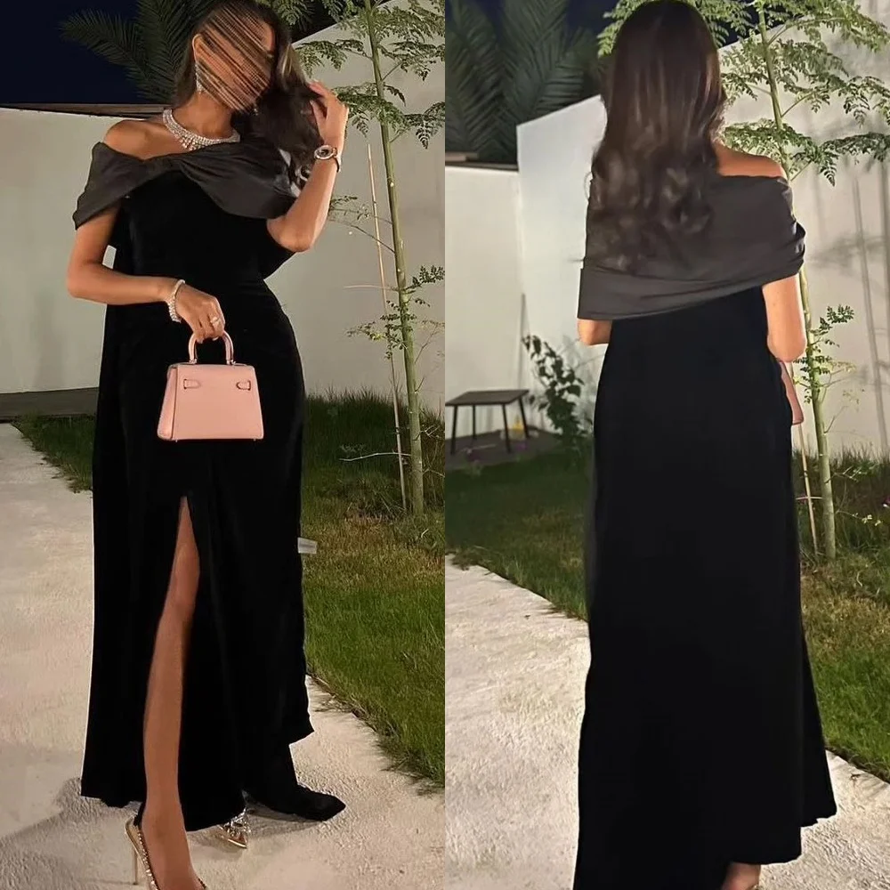 ที่กําหนดเองสีดํา Mermaid ชุดราตรี A-Line ง่าย Sweep Train JERSEY PARTY ชุดปิดไหล่แขนสั้นชุดราตรี