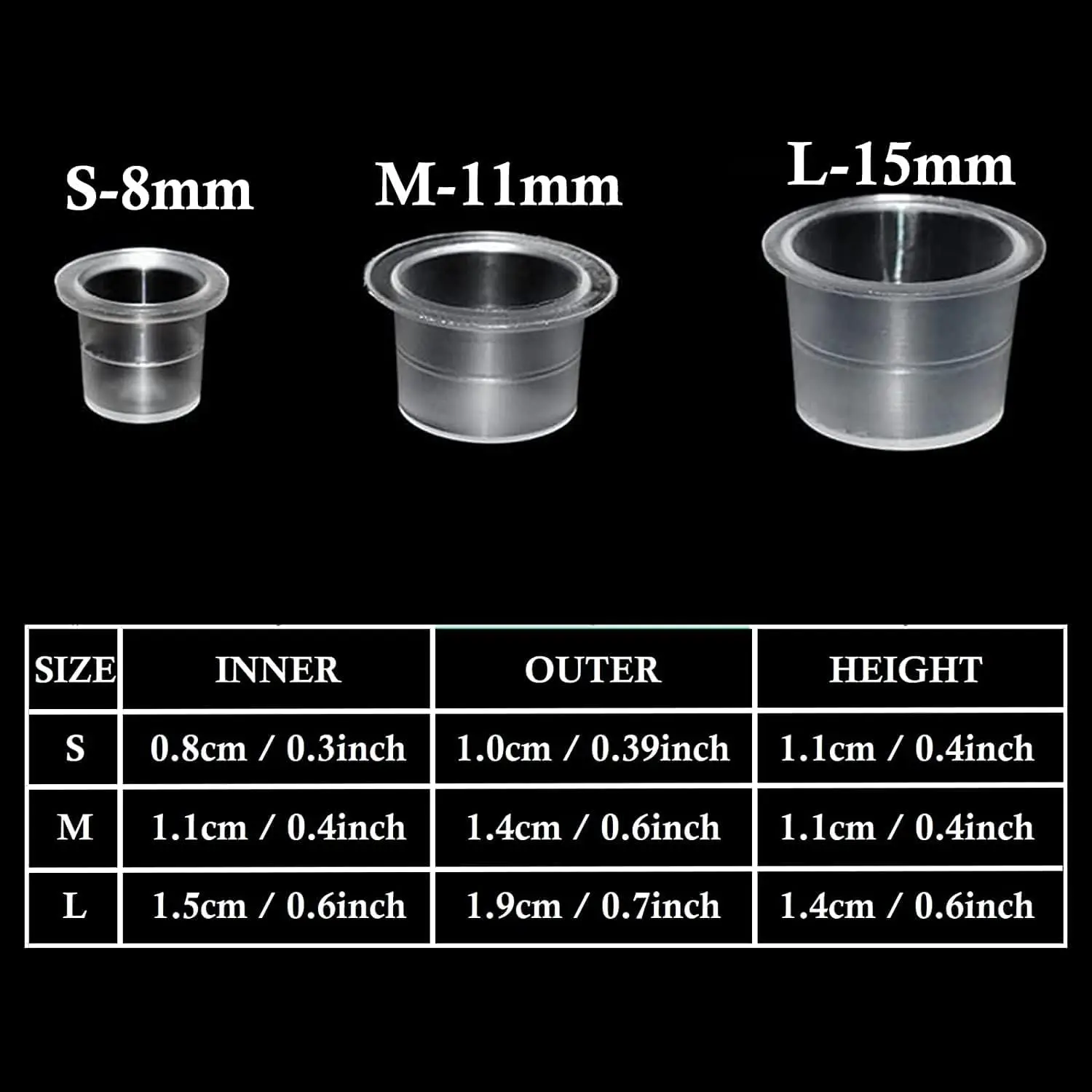 300/100pcs Plastic Disposable Tattoo Ink Cups 15/11/8mm Makeup Permanent Tattoo Pigment Clear Holder Container Caps Accessories
