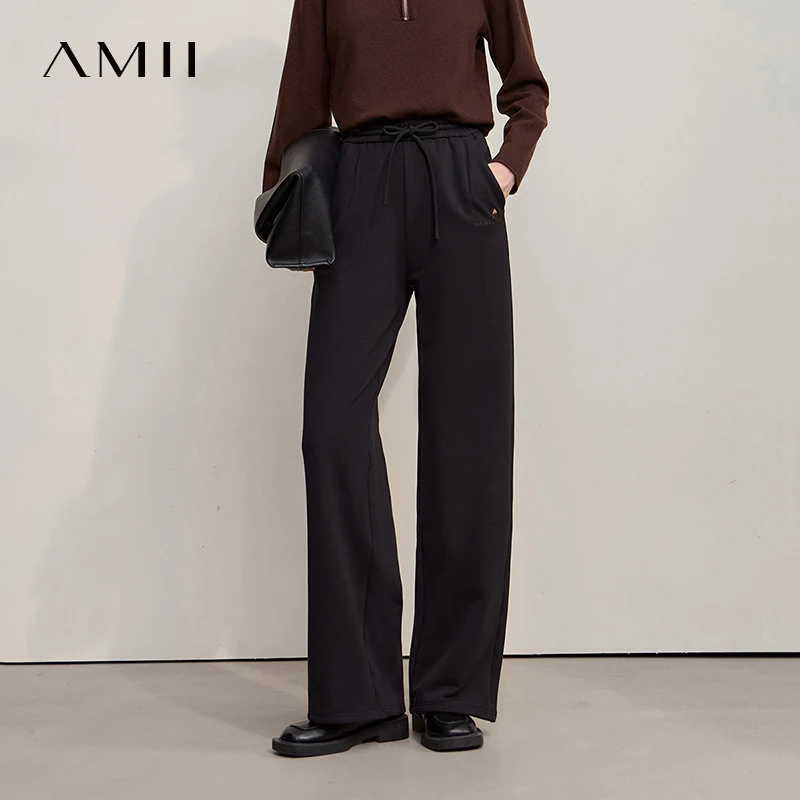 

AMII Women's Pants 2025 Winter New Warm Solid Color Ladies Clothing Knitting Casual Versatile Wide-leg Woman Trousers 12544019