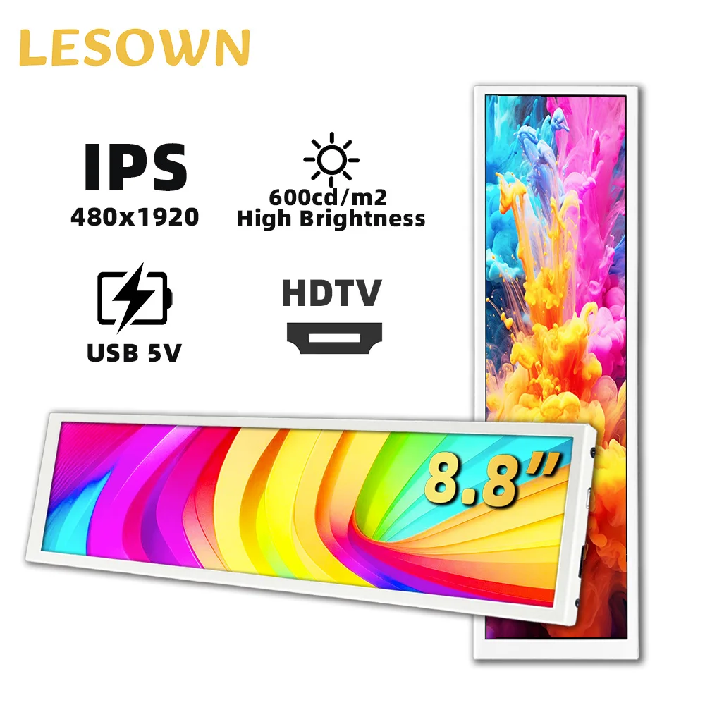 

LESOWN 8,8-дюймовый портативный горизонтальный ЖК-монитор 480x1920 IPS с растянутой планкой для портативных ПК, мобильных устройств, игровая настройка
