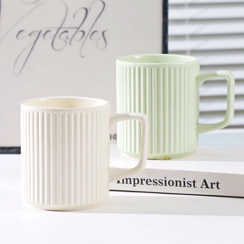 Simple Solid Ceramic Couple Cups Korean White Vertical Stripes Cream Style Coffee Cups Women High Quality Thick Breastfast Mug