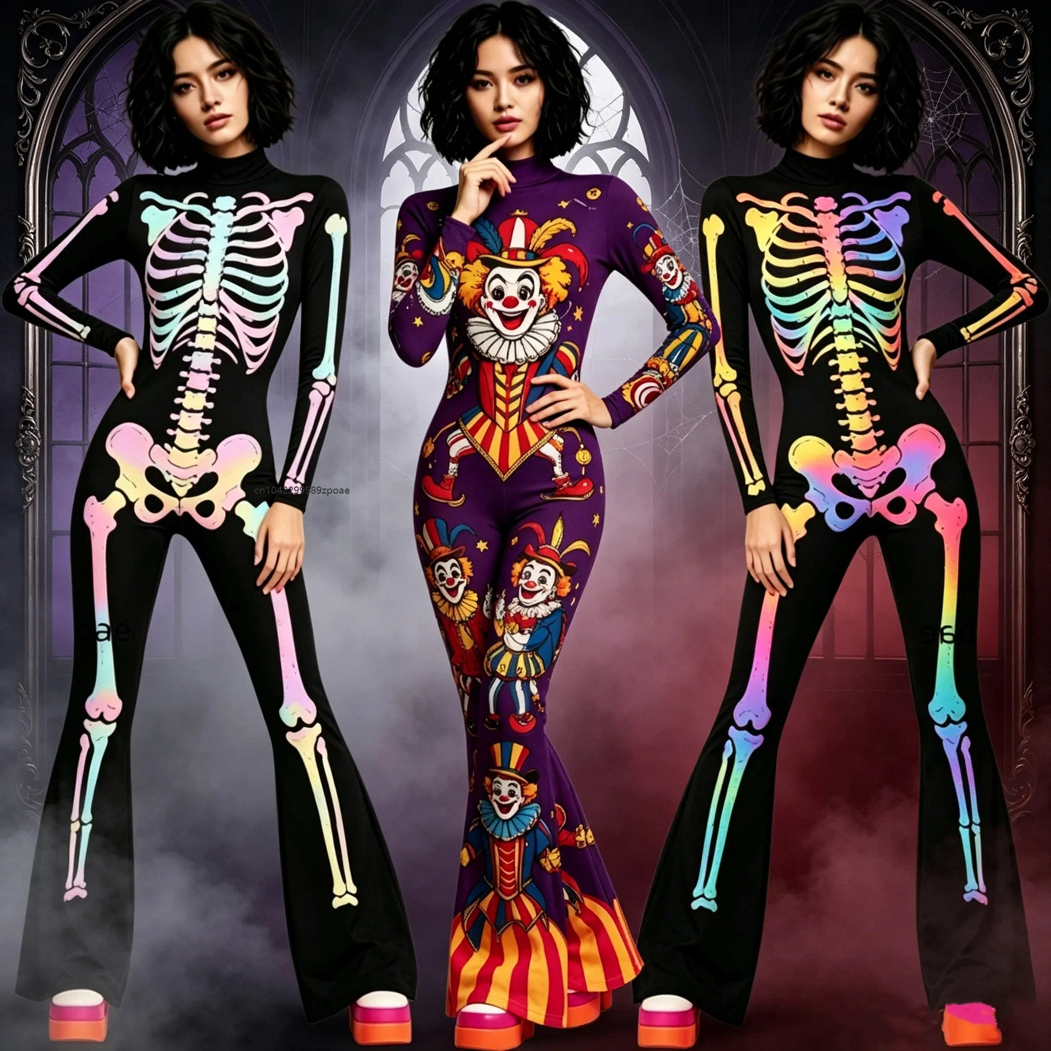Damen Halloween Skelett-Zuckerschädel Blumen-Jumpsuit Clown Schlaghose Bodysuit Cosplay Festival Party Zentai Kostüm