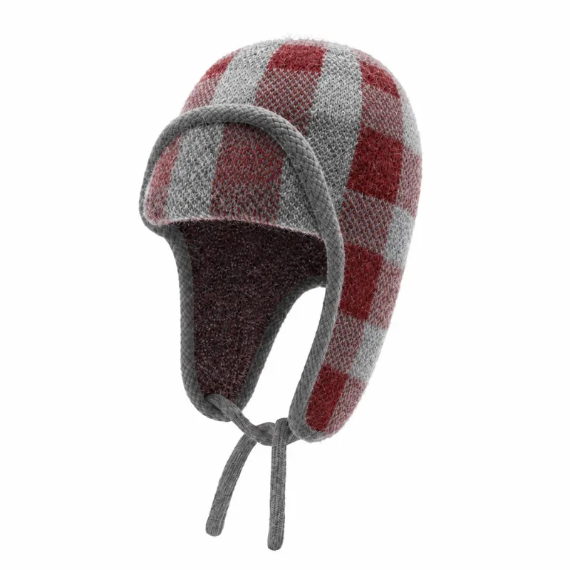 Japanische karierte Strickmütze für den Winter, zum Radfahren im Freien, warm und winddicht, mit Schnürung und Plüschfutter, Bombermütze für Männer und Frauen – Detail 7